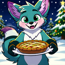anthro christmas_lights christmas_tree claws dessert dipstick_arms dipstick_ears dipstick_tail fangs food male markings multicolored_ears naca_fox naca_fox_(director) night pie plant plate snow solo standing tail_markings tail_motion teeth tree canid canine fox mammal