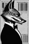 abstract_background anthro barcode bow_(feature) bow_tie clothed clothing formal_clothing looking_at_viewer male sharp_teeth side_view solo suit teeth text lezzy canid canine fox mammal hi_res monochrome