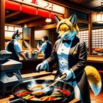 anthro black_tie_(suit) bowl canid canine clothing container cooking cookware female food food_bowl formal_clothing fox frying frying_pan kitchen_utensils mammal niko pet_bowl plant restaurant reyneke solo story story_in_description suit tools vegetable wok