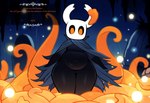 ambiguous_gender anthro big_breasts breasts cloak clothing hollow_knight horn looking_at_viewer navel night outside solo team_cherry text thick_thighs wide_hips hellsonger protagonist_(hollow_knight) the_infection_(hollow_knight) arthropod beetle elateroid firefly humanoid insect vessel_(species)