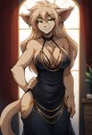 anthro breasts brown_body brown_fur chest_tuft cleavage clothed clothing dress eyebrows eyelashes female fur green_eyes hair hand_on_hip inside long_hair looking_at_viewer smile solo text tuft window anontk twokinds king_adelaide basitin felid feline keidran mammal 2021 2022 hi_res url