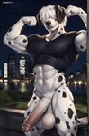 abs absurd_res anthro balls big_pecs bottomless canid canine canis city clothed clothing code_0_0 dalmatian domestic_dog flexing foreskin genitals hair hair_over_eyes hi_res humanoid_genitalia humanoid_penis male mammal muscular night partially_clothed pecs penis pose presenting smile solo topwear topwear_only vein veiny_penis