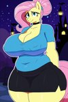 animal_ears anthro bottomwear breasts choker cleavage clothed clothing female hair jewelry looking_at_viewer mature_female necklace nipple_outline overweight pink_hair shirt skirt slightly_chubby solo tank_top tanktop teal_eyes thick_thighs topwear wide_hips wings yellow_body majorfluffy_(director) fluttershy_(mlp) equid equine horse mammal my_little_pony pegasus pony hi_res novelai