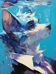 anthro black_nose blue_body blue_eyes blue_fur clothing collared_shirt countershade_face countershading eyebrows fur light looking_away male necktie pink_inner_ear reflection solo suit underwater water white_body white_countershading sappy_(director) canid canine mammal absurd_res hi_res lighting oil_painting_(artwork) painting_(artwork) shaded traditional_media_(artwork)