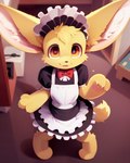 ambiguous_gender anthro big_ears big_pupils black_nose bow_tie cheek_tuft claws clothing digitigrade dilated_pupils facial_tuft finger_claws fur handpaw head_tuft high-angle_view looking_at_viewer maid_headdress maid_uniform pawpads paws pupils smile solo tuft uniform yellow_body yellow_eyes yellow_fur gym_(director) canid canine fennec fox mammal hi_res