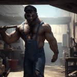 anthro body_hair bottomwear chest_hair clothing garage hat headgear headwear holding_object male muscular nipples pants smirking_at_viewer solo walking joachim58 canid canine canis mammal wolf animated webm