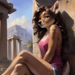 absurd_res anthro bottomwear breasts canineluvr19 cervid cleavage clothed clothing crossed_legs cutoffs denim denim_clothing female fur hi_res looking_at_viewer mammal ruins scut_tail seductive shirt short_tail shorts smile solo spots spotted_body spotted_fur tank_top topwear