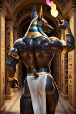 abs anthro armlet beckoning biceps black_body black_nose black_penis black_skin bodily_fluids bottomwear bracelet clothing crouching egyptian egyptian_clothing egyptian_mythology flashing furniture genitals gesture jewelry light loincloth looking_at_viewer male muscular muscular_anthro muscular_male muscular_thighs obliques pecs penis pink_eyes rear_view solo sound_warning sweat sweaty_body teasing torch walking vlrgromns anubis canid canine canis deity jackal mammal animated sound webm