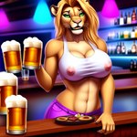 absurd_res alcohol anthro bar beer beverage bra clothing director_cougar felid female fur green_eyes hi_res lion mammal nipples pantherine solo tan_body tan_fur underwear