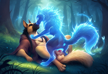 animal_genitalia animal_penis animal_pussy anthro anthro_on_feral anthro_penetrating anthro_penetrating_feral anus balls beauty_mark bestiality black_body black_fur black_hair blue_body blue_eyes braided_hair brown_body brown_clothing brown_fur canine_genitalia canine_penis canine_pussy clothing duo eyes_closed female female_penetrated feral feral_penetrated fluffy fluffy_tail forest forest_background from_front_position fur genitals glowing glowing_anus glowing_eyes glowing_genitalia glowing_pussy hair kissing knot knotted knotting lying male male/female male_on_feral male_penetrating male_penetrating_female male_penetrating_feral nature nature_background on_back penetration penis plant pussy robe sex sheath side_view spread_legs spreading translucent translucent_body tree vaginal vaginal_knotting vaginal_penetration polar_(director) canid canine canis domestic_dog german_shepherd herding_dog mammal pastoral_dog spirit wolf