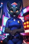 anthro belt blue_clothing blue_hair building car city city_background clothing eyelashes fangs female front_view fur grey_body gun hair hand_holding hi_res hyaenid looking_at_viewer mammal multicolored_hair narrowed_eyes neon_lights night orange_eyes police police_uniform ranged_weapon smile smiling_at_viewer solo spots spotted_body spotted_fur tail tight_clothing trickypride uniform vehicle watermark weapon