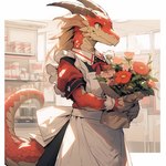 2023 anthro clothed clothing colored dragon flower holding_object horn inside male plant red_body red_scales red_tail scales scalie smile solo spacetime933