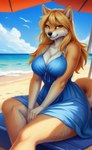 anthro beach big_breasts blonde_hair breasts canid canine canis cleavage clothed clothing domestic_dog dress eminence female hair looking_at_viewer mammal seaside shelly shiba_inu sitting smile solo spitz