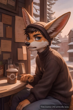 angry anthro beverage cafe clothing coffee inside male solo sweater topwear window tim_lisovec canid canine fennec fox mammal 2025 hi_res