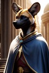 anthro black_body black_fur blue_clothing blue_eyes brown_clothing clothed clothing fur looking_at_viewer male solo tan_body tan_fur temple white_body white_fur omgechounknown african_wild_dog canid canine canis mammal