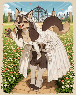 anthro armwear bent_over blue_sky blush border breasts bridal_gauntlets bridal_veil chest_tuft choker claws clothing cloud digit_ring dress eyelashes eyes_closed female flower_field fluffy fluffy_tail footwear front_view gate gesture happy high_heels jewelry legband long_eyelashes medium_breasts necklace open_mouth open_smile pawpads petals ring road sky smile socks solo thighband tuft waving waving_at_viewer wedding_dress wedding_ring wedding_veil white_clothing burioth canid canine canis mammal wolf absurd_res full-length_portrait hi_res portrait