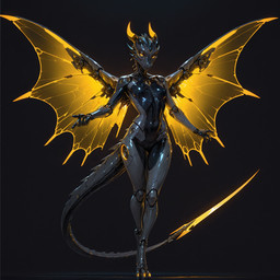 2_horns 5_fingers anthro armor beckoning black_background black_body blade bladed_weapon breasts cheek_spikes claws curved_horn cybernetics darkness facial_spikes featureless_breasts featureless_crotch female fingers front_view gesture glistening glistening_body glowing glowing_wings grey_body horn light looking_at_viewer machine mechanical_wings metallic_body monotone_background multicolored_body mythology navel on_one_leg pinup pose reaching_towards_viewer robotic robotic_arm robotic_body segmented_tail simple_background slim slim_female smile solo spikes spikes_(anatomy) spread_wings standing tail tail_blade toe_claws translucent translucent_wings weapon_tail wings yellow_body yellow_claws yellow_eyes yellow_horn yellow_wings merl mascot_2025 cyborg dragon mythological_creature mythological_scalie robot scalie absurd_res full-length_portrait hi_res portrait