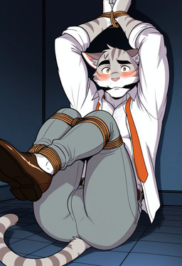 anthro arms_tied backsack balls bdsm blush body_hair bondage bottomwear bound bulge chest_hair clothed clothing dark_room dress_shoes ears_down eyebrows footwear fur genitals grey_bottomwear grey_clothing grey_pants legs_tied looking_at_viewer male necktie on_ground open_clothing open_shirt open_topwear orange_eyes pants pink_nose pivoted_ears restraints rope rope_bondage shirt shoes solo thick_eyebrows topwear white_body white_clothing white_shirt white_topwear wrists_tied positivelyberries_(director) felid humanoid mammal 2025 absurd_res hi_res