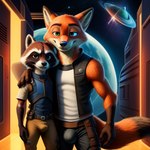 anthro brown_eyes clothed clothing disney duo fully_clothed green_eyes holding_each_other looking_at_viewer male male/male planet romantic romantic_couple space space_station zootopia angry_puppy nick_wilde rocket_raccoon canid canine fox mammal procyonid raccoon