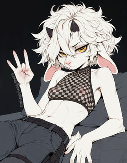 anthro belt bottomwear checkered_clothing clothing crop_top female hair horizontal_pupils horn lying nipples on_back pants pattern_clothing pupils serious shirt solo topwear translucent translucent_clothing white_body white_hair yellow_eyes djar17 bovid caprine mammal sheep absurd_res hi_res