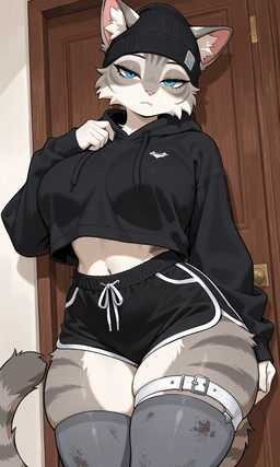 anthro clothing female hoodie legwear solo thigh_highs topwear domestic_cat felid feline felis mammal tabby_cat hi_res