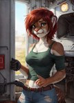 anthro bottomwear breasts clothed clothing female green_eyes hair hi_res looking_at_viewer lutrine mammal medium_breasts mustelid oldhroft pants red_hair shirt short_hair snout solo standing tank_top topwear