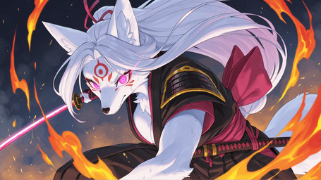 anthro armor bodily_fluids breasts cleavage clothed clothing female fire glowing glowing_eyes hair head_markings katana long_hair markings melee_weapon nervous pink_eyes samurai samurai_armor solo sweat sweaty_body sword warrior weapon white_hair puffy_peter canid canine fox mammal hi_res