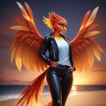 anthro beach beak black_bottomwear black_clothing black_jacket black_pants black_topwear bottomwear breasts clothing feathers female jacket leather leather_clothing leather_jacket leather_topwear non-mammal_breasts outside pants red_body red_feathers seaside shirt solo topwear white_clothing white_shirt white_topwear wings yellow_beak drarexthedragon avian bird mythological_avian mythological_firebird phoenix 1:1 colored hi_res