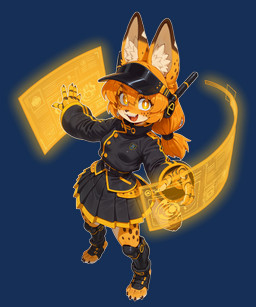 anthro badge bangs belt black_clothing bottomwear clothing cybernetic_limb female glowing hair hat headgear headwear high-angle_view hologram jacket long_hair open_mouth orange_hair outline simple_background skirt smile solo sparkles spots spotted_body spread_arms standing topwear transparent_background visor_cap white_outline yellow_body yellow_eyes yellow_trim burioth e6ai mascot_2025 felid feline mammal serval absurd_res alpha_channel full-length_portrait hi_res portrait yellow_theme