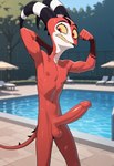 anthro balls big_penis erection flexing_biceps genitals horn male nipples nude outside penis pool red_body red_penis solo tail water yellow_sclera gdr helluva_boss blitzo_(helluva_boss) imp 2025 colored hi_res