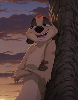 crossed_arms leaning leaning_on_tree looking_away male outside plant sky smile solo standing sunset toony tree aksel disney the_lion_king timon herpestid mammal meerkat hi_res