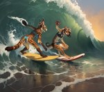 amazing_background anthro bikini brown_hair clothing detailed_background duo female hair happy open_mouth outdoors smile spots surfboard surfing swimwear water wave anonymous_director felid feline lynx mammal absurd_res hi_res