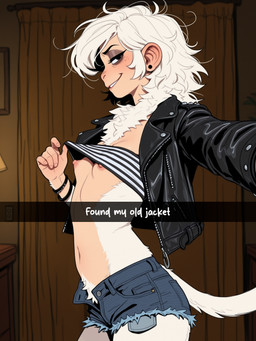 anthro bottomwear breasts clothed clothing clothing_lift cutoffs denim denim_clothing female flashing flashing_breasts hair jacket leather leather_clothing leather_jacket leather_topwear looking_at_viewer mature_female midriff navel nipples selfie shirt shirt_lift shorts small_breasts snapchat solo topwear tube_top unzipped white_hair arantonak haplorhine mammal monkey primate hi_res