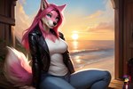 anthro blue_eyes bottomwear breasts clothing denim denim_clothing female fluffy fluffy_tail fur hair jacket jeans leather leather_clothing leather_jacket leather_topwear pants pink_body pink_fur pink_hair shirt sitting solo solo_focus sunset topwear white_clothing white_shirt white_topwear rxmurloc canid canine canis mammal wolf hi_res