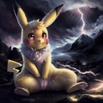 female feral generation_1_pokemon genitals lightning mammal pikachu pink_eyes pokemon pokemon_(species) pussy rodent sitting solo sparks storm venisoncreampie