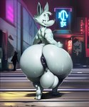 anthro balls big_butt bodily_fluids butt casual_nudity genitals huge_butt hyper hyper_butt male neon solo street sweat sweaty_butt thick_thighs dkkaiserzc canid canine fox mammal