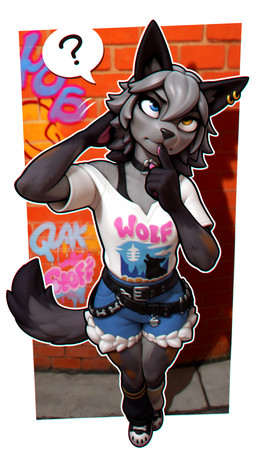 animal_ears ankle_sock anthro belt belt_buckle black_body black_claws black_ears black_fur black_nose black_outline blue_bottomwear blue_clothing blue_eyes blue_shorts border bottomwear brick_wall bullet choker chromatic_aberration claws clothed clothing collar concrete cutoffs denim denim_clothing ear_piercing female film_grain finger_to_mouth fingerpads footwear fur fur_trim graffiti grey_body grey_fur grey_hair hair hair_between_eyes head_tilt heterochromia inner_ear_fluff jewelry legs_together looking_up mismatched_legwear motion_lines multicolored_body multicolored_fur necklace off_shoulder outline outside_border pawpads pendant piercing pink_pawpads print_clothing print_shirt print_topwear prompt question_mark raised_arm scratching shirt shoes short_sleeves shorts sneakers solo speech_bubble standing tail text text_on_clothing text_on_shirt text_on_topwear thick_outline thinking topwear tuft wall_(structure) white_border white_clothing white_outline white_shirt white_topwear wolf_ears wolf_tail yellow_eyes joe420 epic_games fortnite wolfie_(fortnite) canid canine canis mammal wolf 2025 absurd_res english_text full-length_portrait hi_res portrait prompt_metainfo