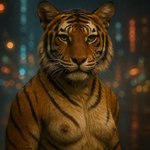 anthro breasts dead008 female fur green_eyes markings nipples orange_body orange_fur photorealism photorealistic pink_nipples pink_nose realistic realistic_fur realistic_lighting solo striped_body striped_fur striped_markings stripes felid feline felis mammal pantherine tiger