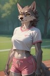 anthro black_claws black_nose bottomwear breasts claws clothed clothing crop_top female forest fur grass grey_body gym_bottomwear gym_clothing gym_shorts inner_ear_fluff looking_at_viewer navel pink_clothing plant shirt shorts solo sports_field sportswear standing topwear tree tuft white_body white_clothing white_fur white_shirt white_topwear yellow_eyes yiffybee canid canine canis mammal wolf hi_res