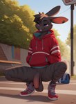 anthro balls big_penis bottomless clothed clothing crouching flaccid footwear foreskin genitals hands_in_both_pockets hoodie male outside penis public saggy_balls shoes smile solo topwear purplesimp lagomorph leporid mammal rabbit absurd_res hi_res