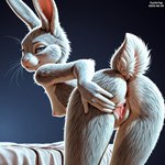 anthro anus blue_eyes breasts butt female fur genitals grey_body grey_fur hand_on_butt looking_at_viewer looking_back looking_back_at_viewer nipples nude presenting presenting_hindquarters presenting_pussy pussy rabbit_ears rabbit_nose rear_view scut_tail short_tail simple_background solo furontap lagomorph leporid mammal rabbit 1:1 2025 colored