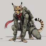 anthro eye_patch eyewear kneeling looking_at_viewer male metal_gear on_all_fours pose scarf solo tactical_gear anonymous_director felid feline lynx mammal hi_res