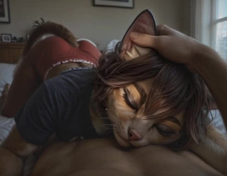 anthro bed brown_hair cat_tail clothing duo female furniture hair looking_at_viewer lying male on_bed on_front petting realistic shirt t-shirt topwear whiskers window yellow_eyes mumitroll95 felid feline human mammal animated short_playtime webm
