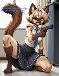 angry anthro bottomwear clothing female green_eyes gun handgun inside kneeling necktie office one_eye_closed ranged_weapon roaring shirt skirt sleeveless solo topwear weapon white_clothing white_shirt white_topwear wounded djar17 domestic_cat felid feline felis mammal siamese hi_res