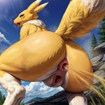 anatomically_correct anatomically_correct_anus anatomically_correct_genitalia anatomically_correct_pussy anthro anus bodily_fluids crouching digimon_(species) fart fart_fetish female fur gaping gaping_anus gaping_pussy genitals looking_at_viewer pussy rear_view renamon saliva solo spread_legs spreading steaming_saliva tongue tongue_out