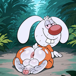anthro anus balls big_balls big_penis buckteeth butt clothing flaccid foreskin fur genitals glans half-closed_eyes humanoid_genitalia humanoid_penis jumpsuit jungle jungle_trees looking_at_viewer lying male narrowed_eyes on_front orange_clothing outside partially_retracted_foreskin penis plant presenting presenting_hindquarters red_nose smile solo teeth torn_clothing tree tuft white_body boxen549 brandy_and_mr._whiskers mr._whiskers lagomorph leporid mammal rabbit