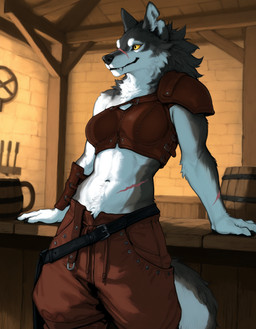 anthro armor barrel belt black_body black_fur black_nose bottomwear breasts claws clothed clothing detailed_background facial_scar fangs female fur grey_body grey_fur inside leaning leaning_back looking_at_viewer midriff multicolored_body multicolored_fur navel pants scar smile solo tail tavern teeth topwear tuft two_tone_body white_body white_fur yellow_eyes anotheranon canid canine canis mammal wolf hi_res