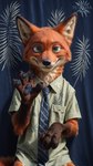 anthro clothing ears_up gesture green_eyes looking_at_viewer male necktie realistic realistic_fur realistic_lighting shirt smile solo t-shirt topwear waving zootopia xerky nick_wilde canid canine fox mammal hi_res