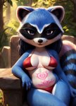 anthro bikini breasts clothing female looking_at_viewer pubic_tattoo red_bikini solo swimwear tattoo womb_tattoo damnblackfox mammal procyonid raccoon absurd_res hi_res