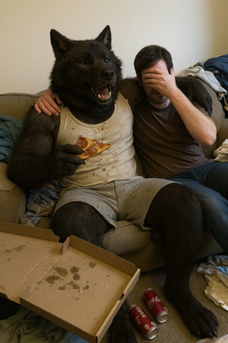 anthro bedding beverage beverage_can black_body black_fur blanket bottomwear claws clothed clothing covering covering_face detailed_fur dirty_clothing duo eating food fur furniture hand_on_shoulder inside laughing living_room male male/male messy_room obscured_face on_sofa open_mouth pants paws photorealism pizza pizza_box realistic realistic_fur shirt shorts sitting sitting_on_sofa size_difference smile sofa spread_legs spreading tank_top teeth tongue topwear delken canid canine canis human mammal wolf detailed hi_res